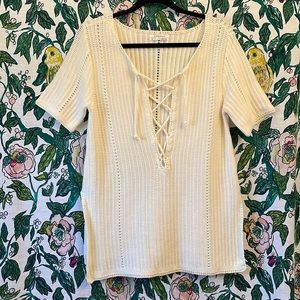Anthropologie Crochet Short Sleeve Tie Front Tunic Top